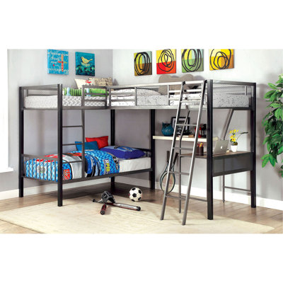 Modern Triple Twin L-Shaped Bunk Bed Contemporary Style Corner Design With Workstation Full Metal Construction Silver Grey And Black Silver Finish