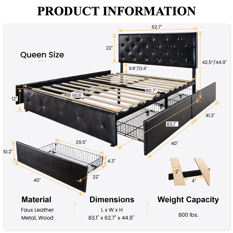 Vegan Storage Platform Bed with 4 Drawers and Adjustable Diamond Stitched Leather Headboard, Queen, Black
