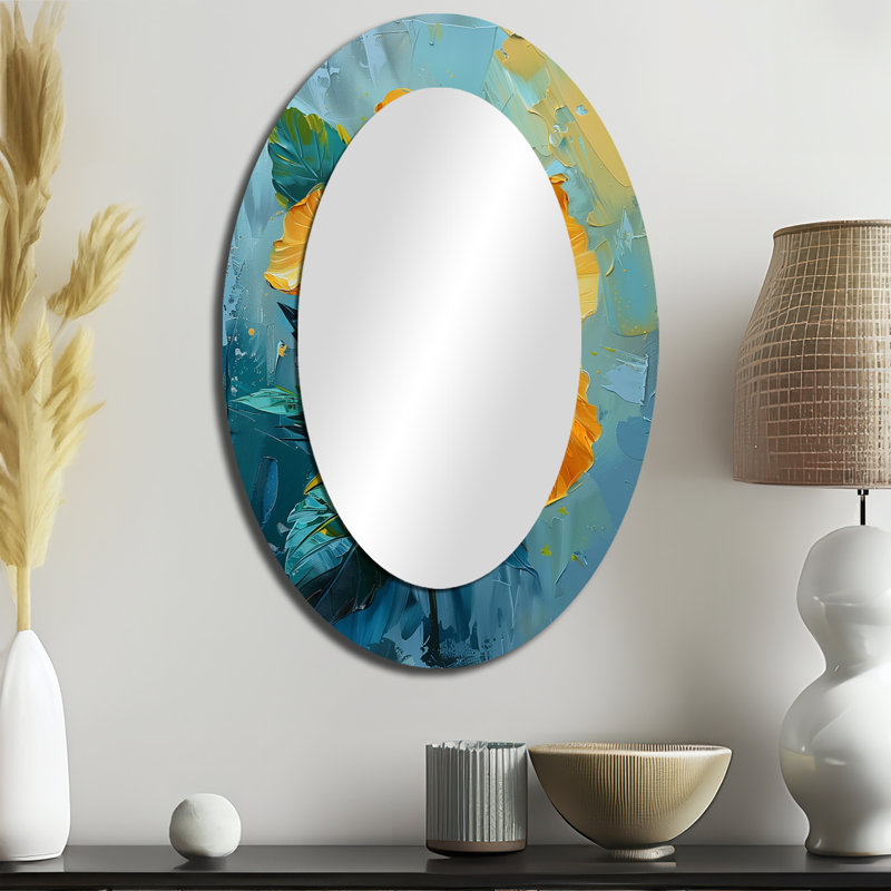 Vibrant Bloom Blue And Yellow Hibiscus - Yellow Oval Wall Mirror Decor, 36" x 24"