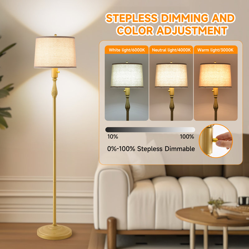 Lampes sur pied dorées à intensité variable pour le salon, ampoule à DEL de 11 W incluse, lampe sur pied avec marbre, grand lampadaire avec abat-jour en lin blanc pour chambre à coucher