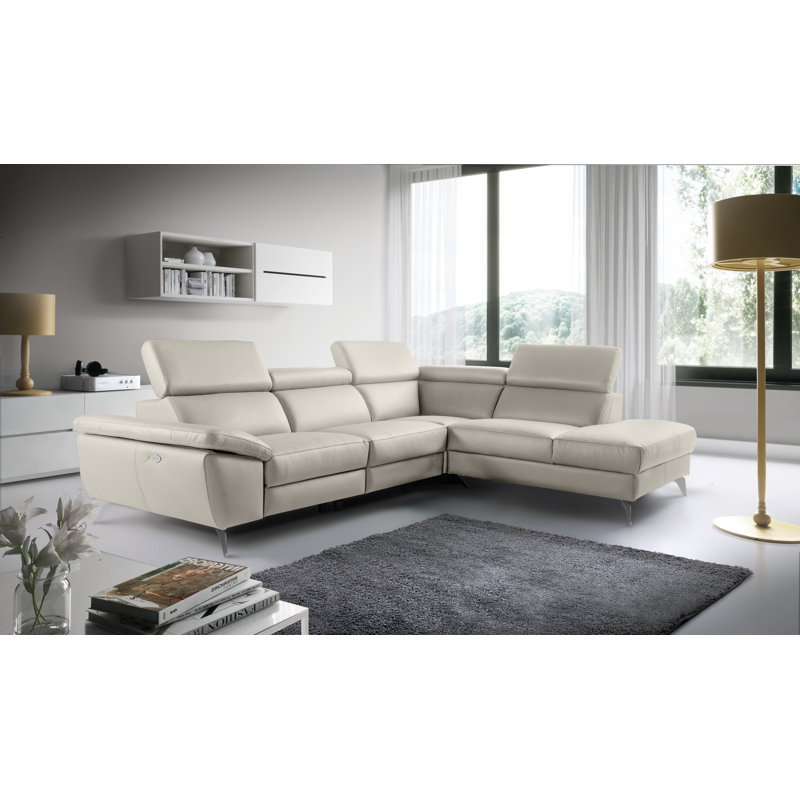 Olligs Genuine Leather Reclining Corner Sofa with Adjustable Headrests and Adjustable Armrest, Ivory Genuine Leather