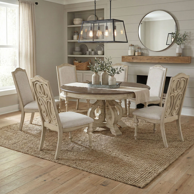 Ensemble de salle à manger 7 pièces avec chaises rembourrées Mohall, 7 pièces : table, 6 chaises, White