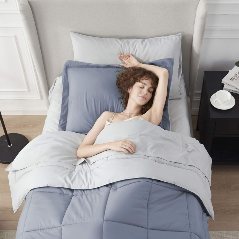 Bed-in-A-Bag Reversible Comforter Set with Bed Sheets, Twin Comforter + 5 Additional Pieces, Stone Blue