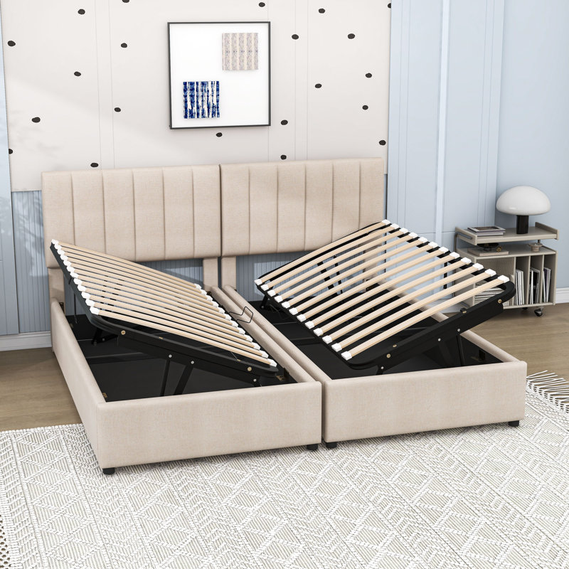 Lit plateforme tapissier très grand en lin avec rangement hydraulique et tête de lit à rayures verticales, Beige