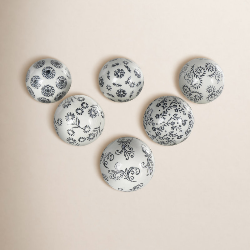 Ansara Cole And Grey Ceramic Handmade Glossy Decorative Ball Floral Orbs & Vase Filler With Black Floral And Scroll Patterns