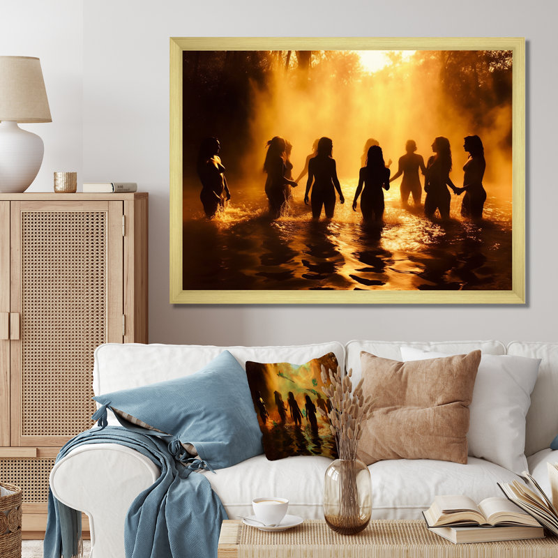 " Young Beautiful Goddesses Sunset River Bathing I ", Gold Picture Framed, 30" H x 40" W x 1.5" D