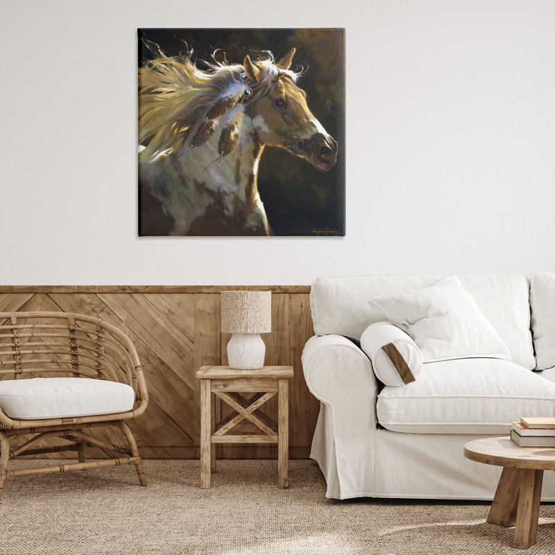 «Windblown Horse with Feather Ornement», art mural par Carolyne Hawley, H 36 po x l 36 po
