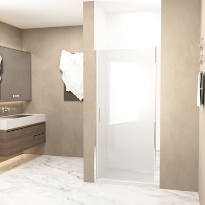 Porte de douche pivotante, cadre en aluminium, verre trempé, film à l'épreuve de l'espace, conception peu encombrante, bande de blocage de la salle de bain surélevée pour rénovation de salle de bain, style américain