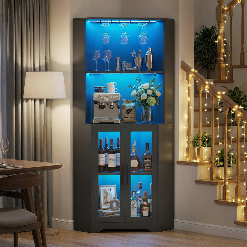 65" Tall Corner Bar Cabinet With Led Lights, 4-tier Liquor Display Cabinet With Glasses Holders, Modern Wine Bar Cabinet With Tempered Glass Door And Adjustable Shelf For Dining Room, Black