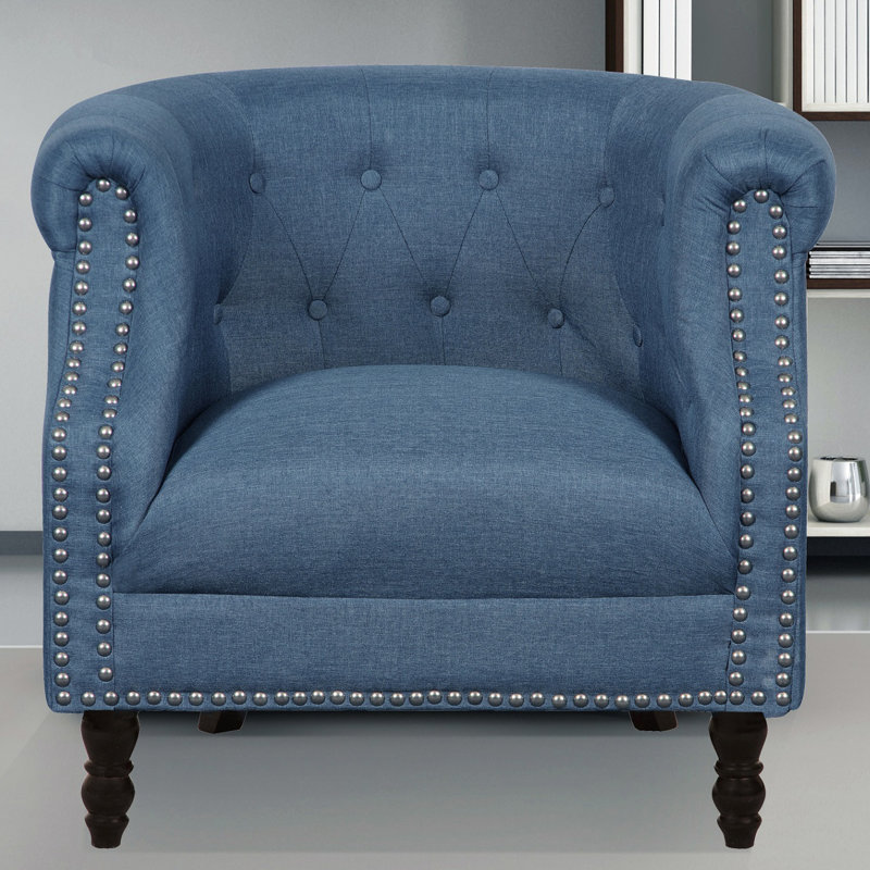Fauteuil demi-tonneau en lin capitonné Willisville, Bleu océan