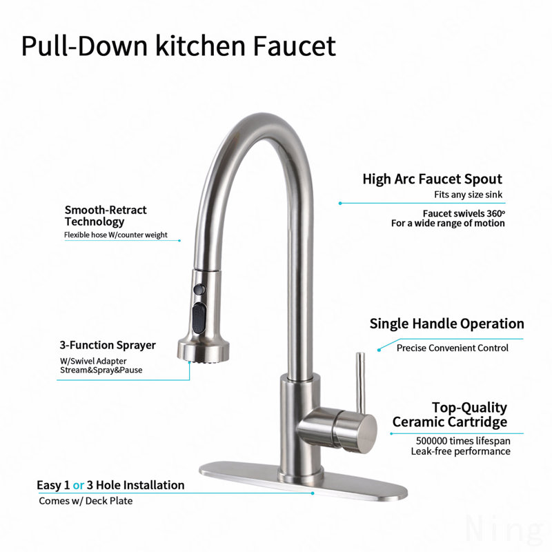 Robinet de cuisine rétractable en acier inoxydable avec distributeur de savon, Nickel brossé