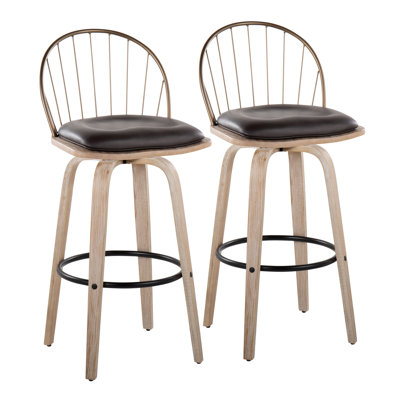 Tabouret de bar 30 po à hauteur fixe de style industriel / urbain avec pivot en bois blanchi blanc, métal cuivre antique et coussin amovible en similicuir brun - ensemble de 2