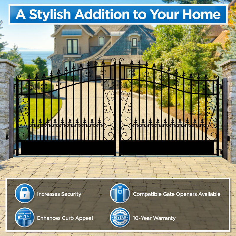 Venice Style Black Steel Dual Swing Driveway Gate 18 x 6 ft