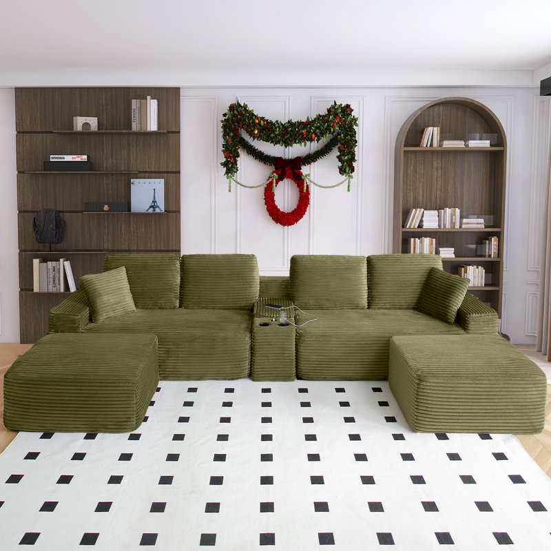 Boneless Chifley 150.50" W U-Shaped Modular Corduroy Sectional,Cup Holders,USB Charge,with 2 Ottoman,No Assembly Required Boneless Couch