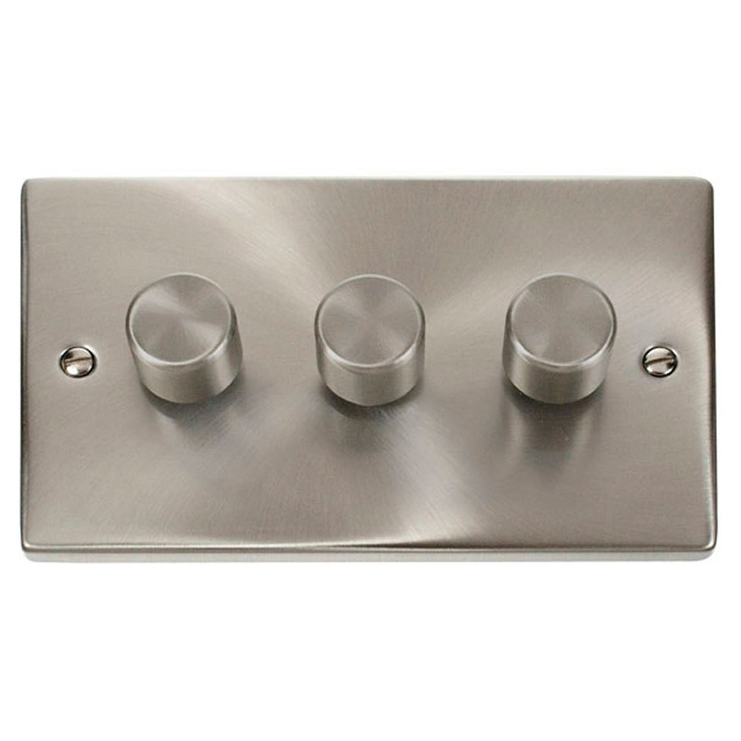 Satin / Brushed Chrome 3 Gang 2 Way LED 100W Trailing Edge Dimmer Light Switch