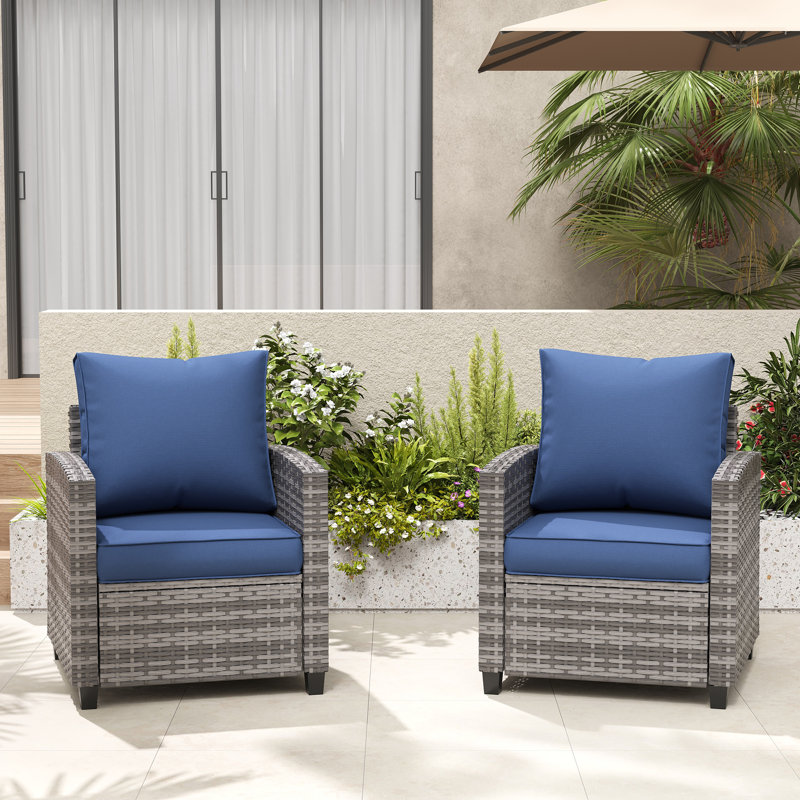 Samya Outdoor Lounge Chair With Cushions (Set of 2), Gray Frame/Navy Cushion