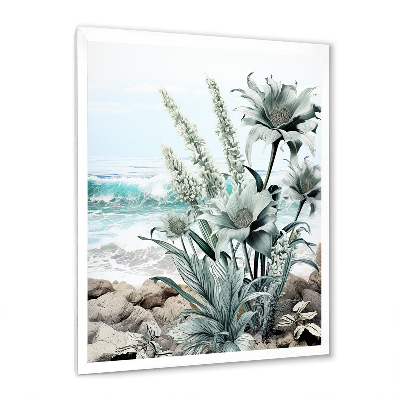 Plage bord de mer Flora I - Art mural nautique et plage, salon, H 32 po x l 16 po x P 1 po, Cadre photo blanc