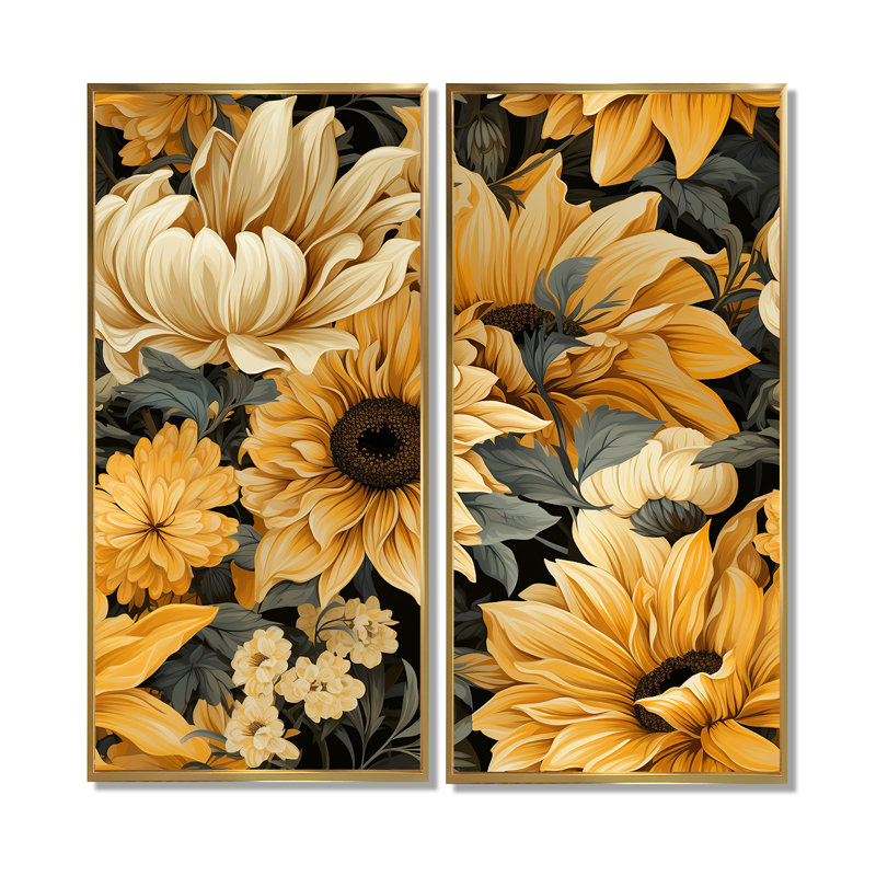 Motif de tournesol jaune rustique - 2 impressions sur toile jaune, H 20 po x l 24 po, Impression encadrée flottante, Doré
