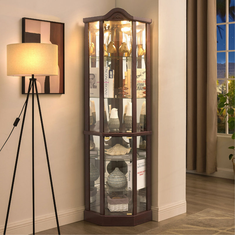 Vitrine d'angle vitrée lumineuse avec tablettes réglables, Brun