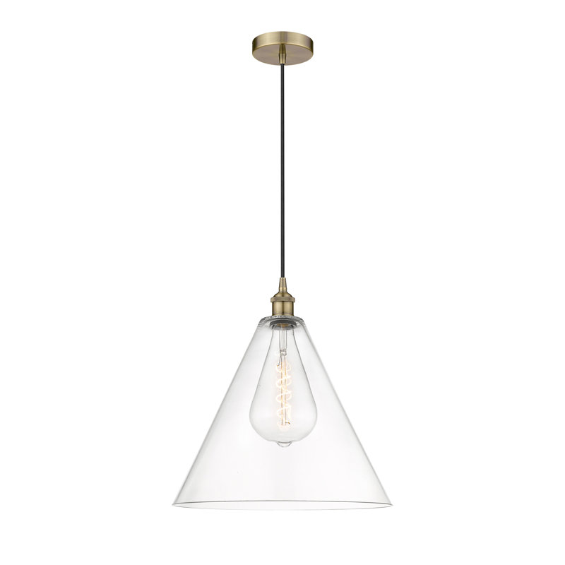 Luminaire suspendu conique à 1 lumière Bluford, H 18 po x l 16 po x P 16 po, Transparent, Laiton antique