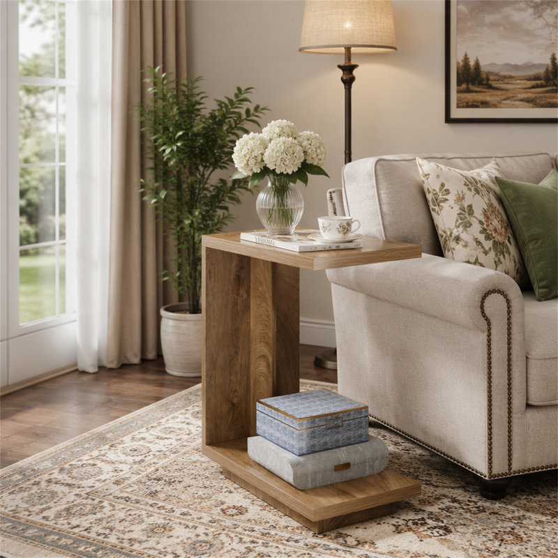 Table de bout en C, table de chevet en bois, Brun, Brun, Brun