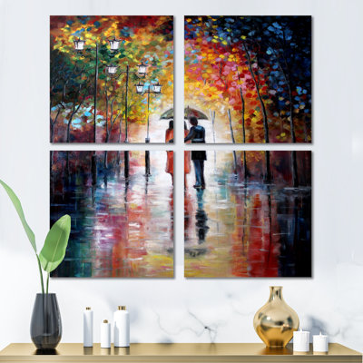 «Lovers Under Umbrella - People», ensemble de 4 reproductions d'art sur toile