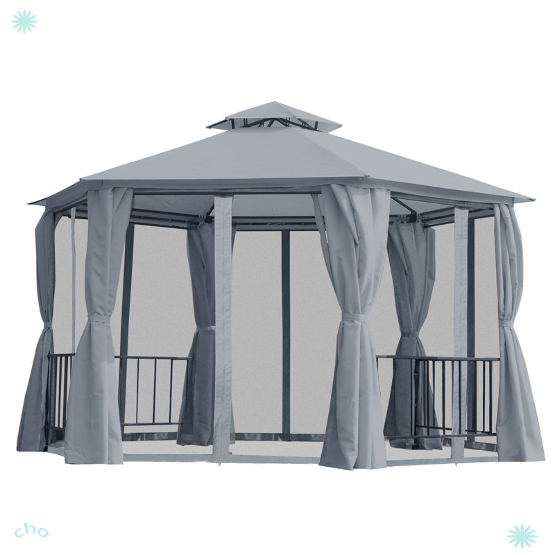 Abri de jardin à double toit hexagonal avec auvent et moustiquaire, Gris
