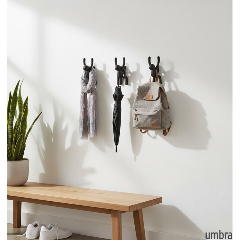 6.5" Black Buddy Wall Hooks (Set of 3) - Decorative Mounted Hooks for Coats, Scarves, Bags & Towels
