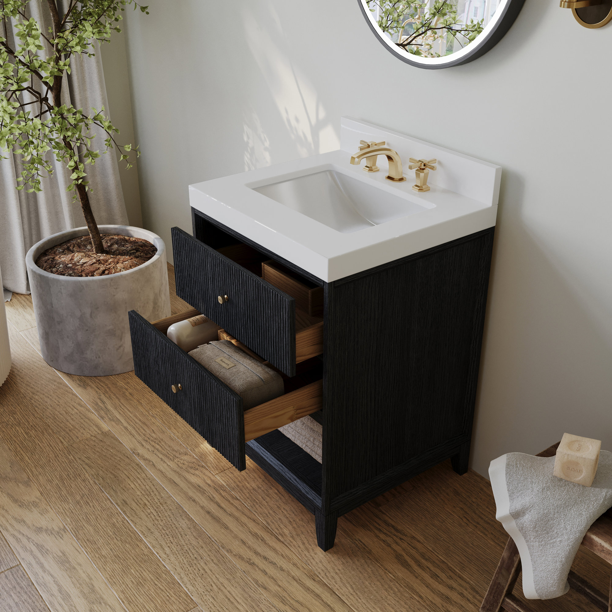 Momo Bath Vanity Set With White Quartz Vanity Top And White Undermount Basin, 24", Black Oak