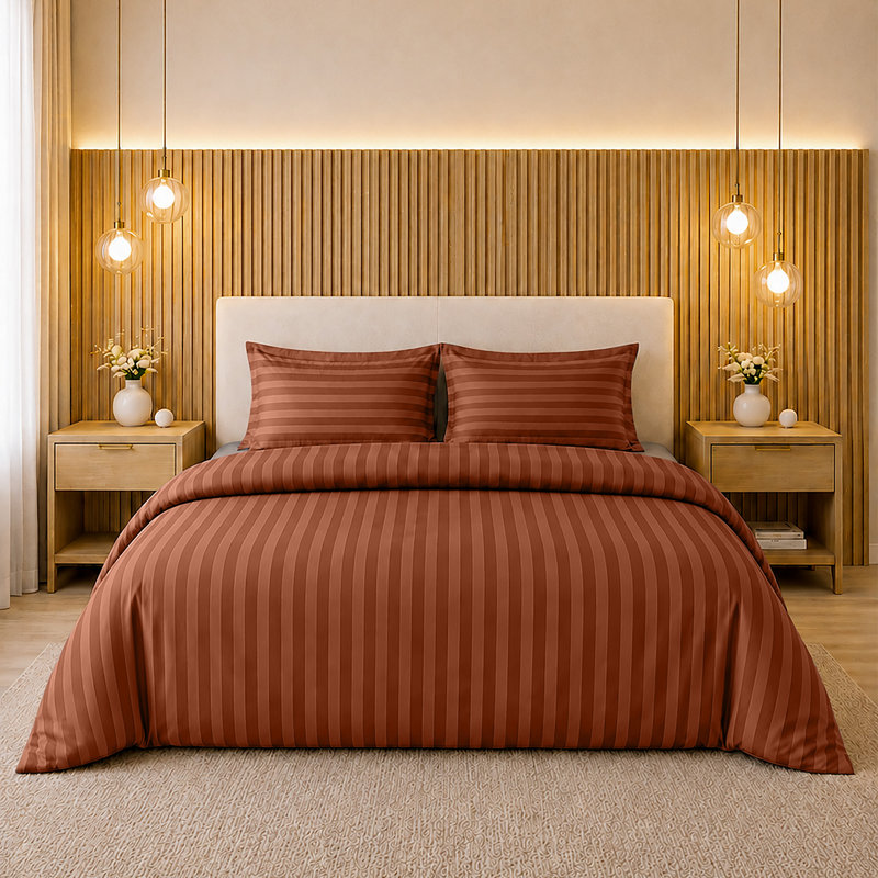 Kensington Homeware Bedroom Microfiber Striped Duvet Cover Set with Pillowcases, Rust Striped