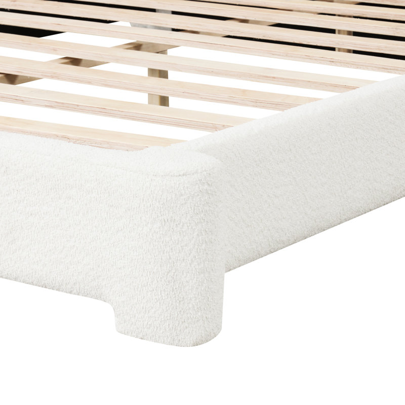 Grand lit rembourré White Boucle, bois de haute qualité, structure stable de taille de matelas de 8 pouces, 3 pieds de soutien centraux, pièce maîtresse idéale pour la chambre à coucher