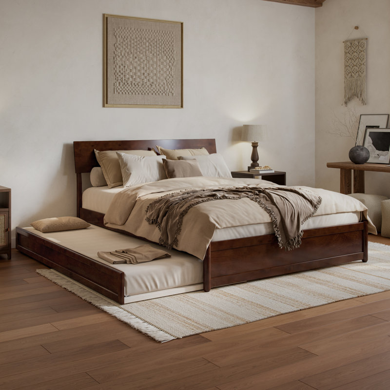 Norla Wood Platform Bed with Trundle, Walnut, Queen