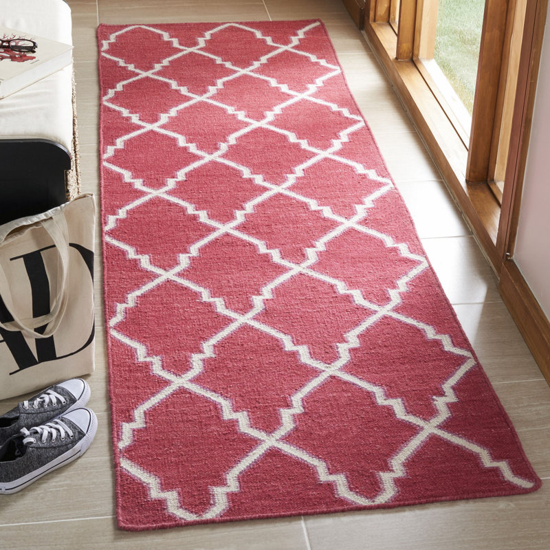 Stahl Hand Woven Flat Weave Wool/Cotton Geometric Rug in Red/Ivory, Runner 2'6" x 10'