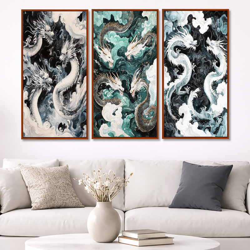 «Chinese Majestic Dragons Fight - White Dragons», reproduction sur toile encadrée 3 pièces, Cadre flottant brun
