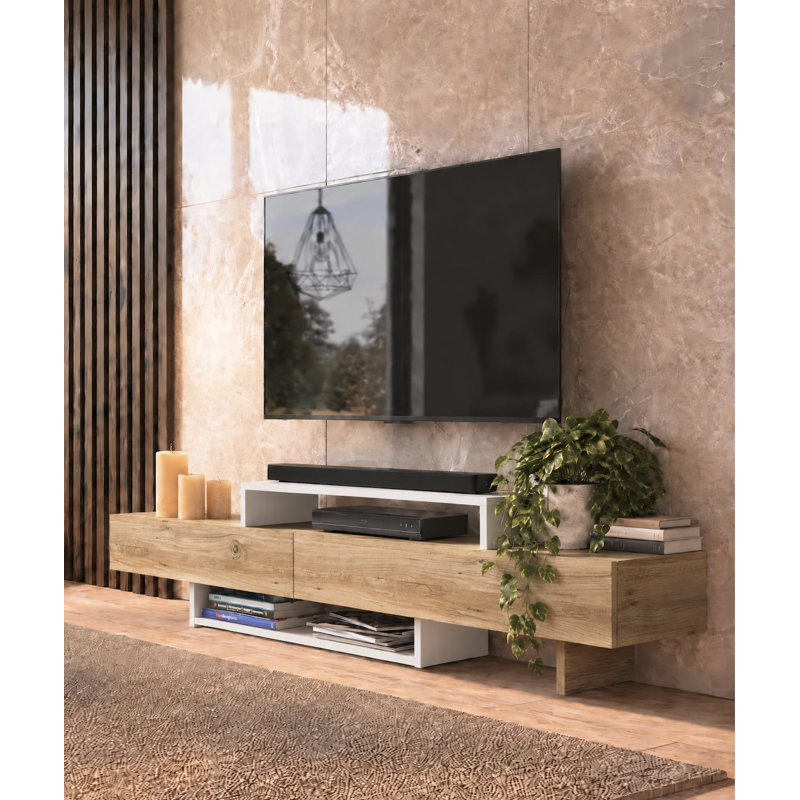 Meuble télé Dessein à deux tons pour téléviseur de 65 po ou moins - Console média minimaliste à profil bas avec rangement, finition bois blanc / brun
