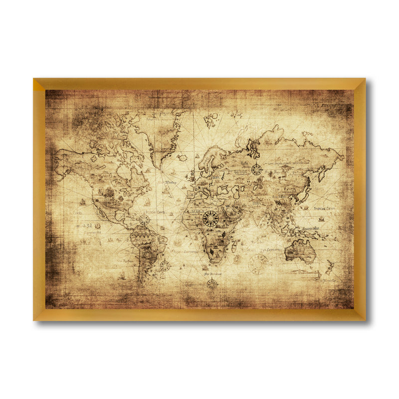 Ancienne carte du monde IV - reproduction d'art sur toile, H 12 po x l 20 po x p 1 po, Doré