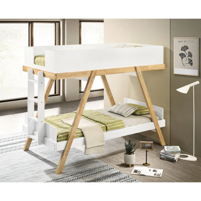 Twin Over Bunk Bed In White, Contemporary Design, Open Bottom, Trestle Supports And Full - Panel Rails White Bed, Angular Frame, Sibling Accommodation