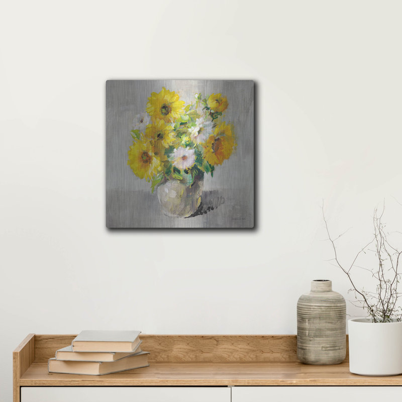 «Sunflower Still Life 1 On Grey» par Danhui Nai, art mural en métal, H 12 po x l 12 po