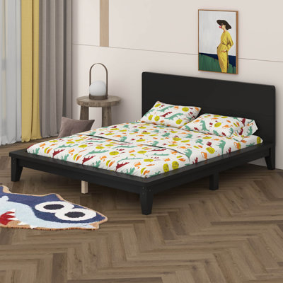 Wood  Bed Frame With Headboard, Mid Century Modern Platform Bed