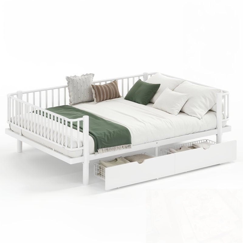 Grand lit plateforme avec tiroirs de rangement, Blanc