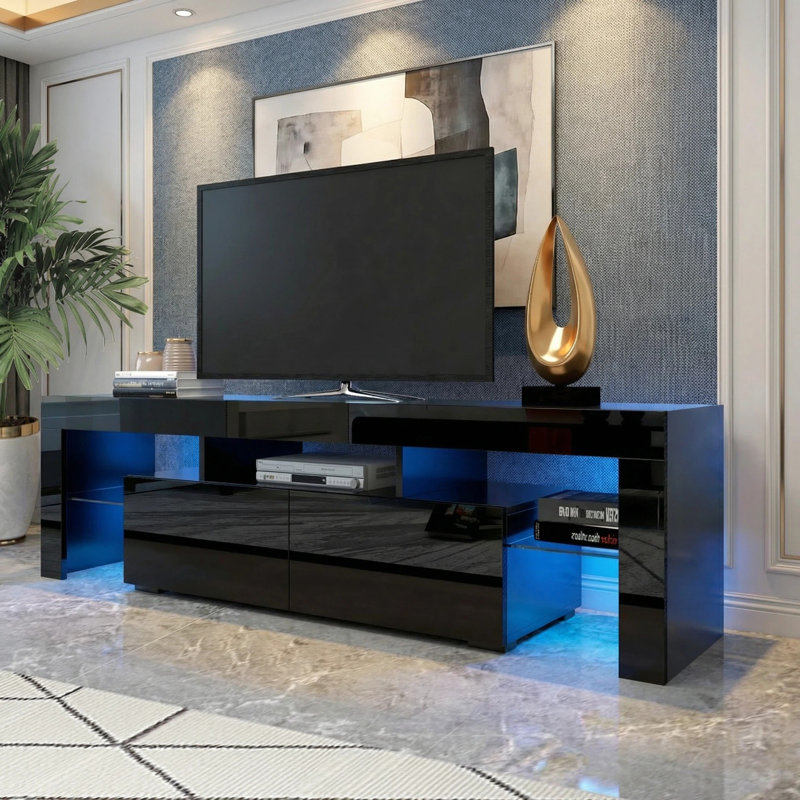 Meuble télé 63 po noir moderne avec 20 lumières DEL colorées et télécommande