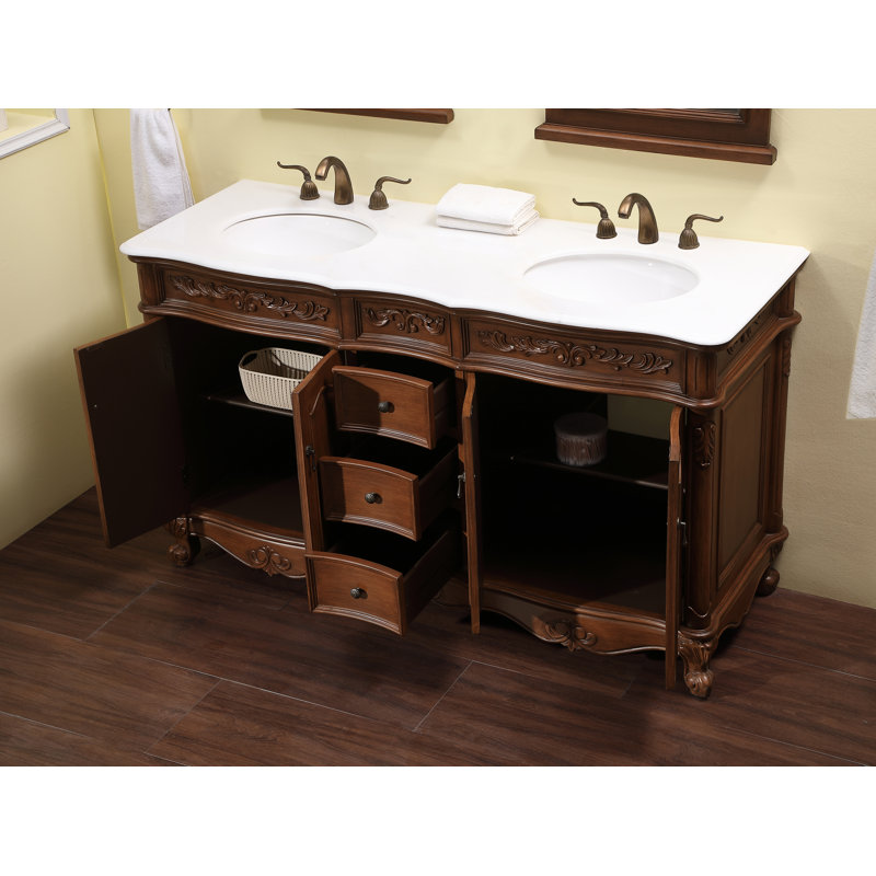 Stepan 60'' Double Bathroom Vanity with Marble Top, Antique Teak