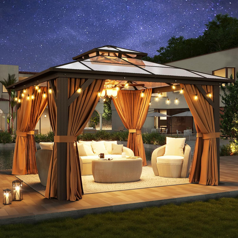 Pavillon de jardin permanent 12 pi x 12 pi avec cadre en aluminium avec rideaux et filet