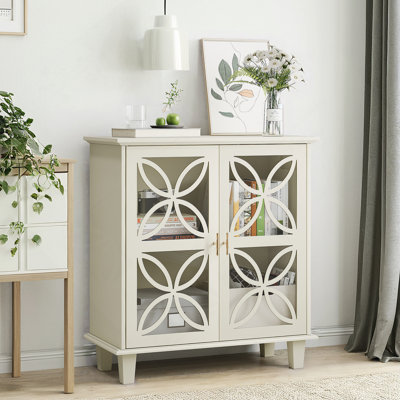 Sideboard Buffet Storage Cabinet , Freestanding Bathroom Cabinet With Tempered Glass Doors, Modern Retro Kitchen Console Table, 2-Door Decorative Storage Cabinet,Cream Color