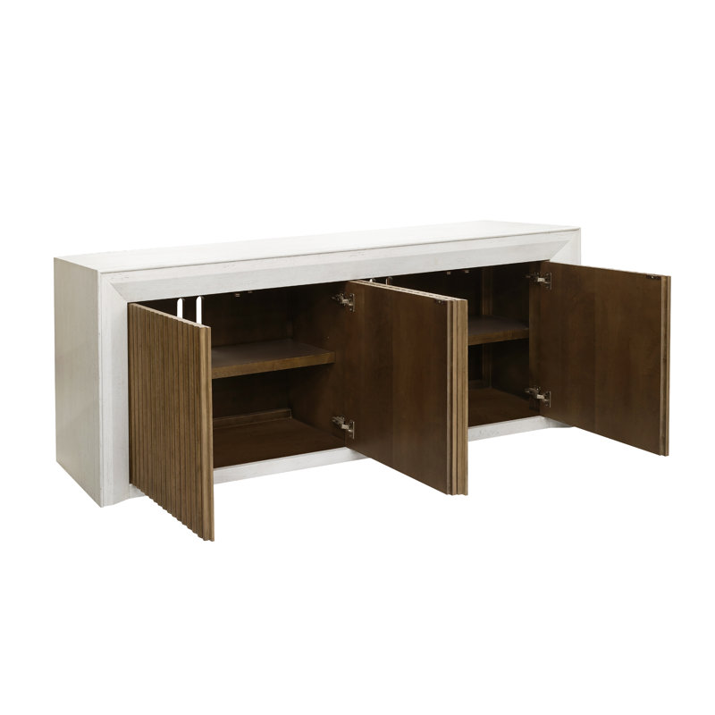 White and Medium Wood 4-Door Storage Console with Adjustable Shelves