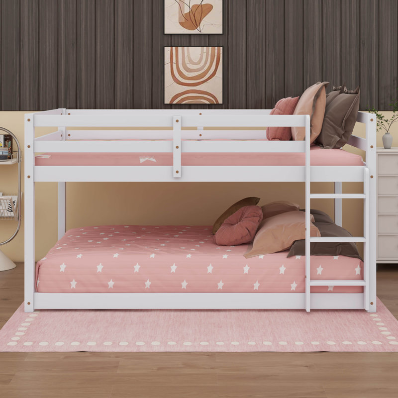 Lit superposé bas simple en bois avec échelle en bois, Blanc