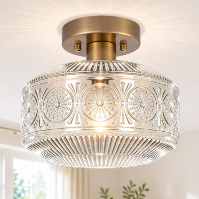 Plafonnier semi-encastré, luminaire en laiton brossé avec abat-jour en verre transparent épais, plafonnier de 9 pouces pour le couloir, la chambre à coucher, la salle de bain et la salle de lavage