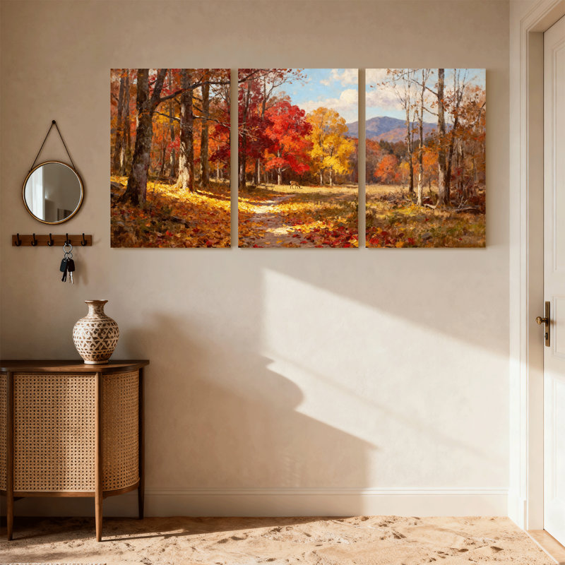 Scénario et paysages urbains, chemin d'automne avec feuilles colorées, ensemble de 3 impressions sur toile, H 24 po x l 48 po