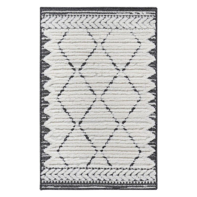 Step Collection High-Low Trellis Cream/Anthracite Indoor Area Rug, 2'X3', Modern, Contemporary, Geometric, Bohemian, Bedroom, Kitchen, Living Room, Doormat, Non Shedding Carpet