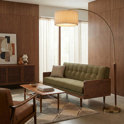 Scalloped 1-Light Arc Floor Lamp - Walnut, Weathered Brass, White Linen, Diffuser, Dimmer